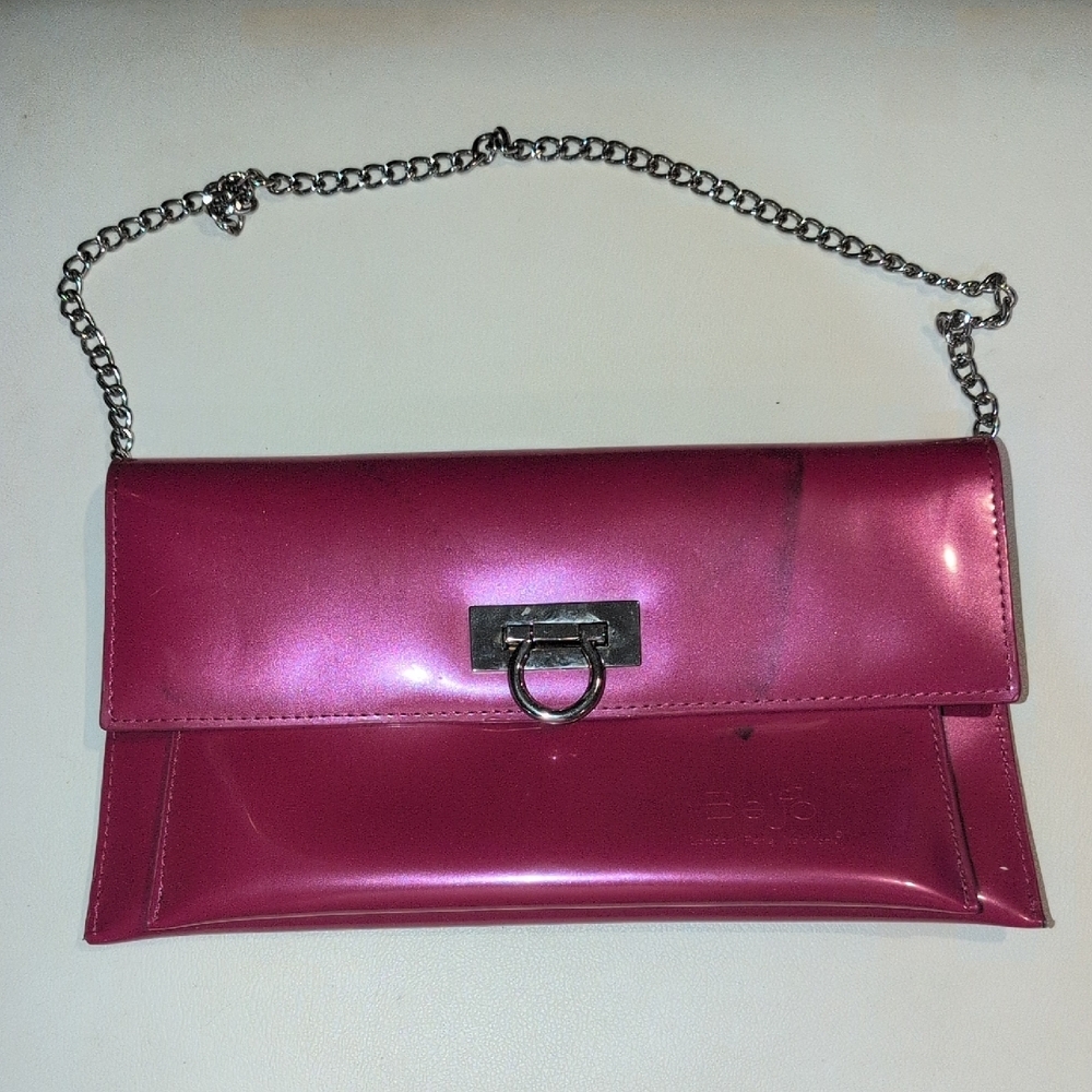 Beijo Shiny Pink Clutch with Silver Chain